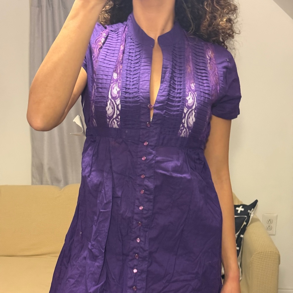 Purple Short Sleeve Tunic Dress with Mandarin Collar